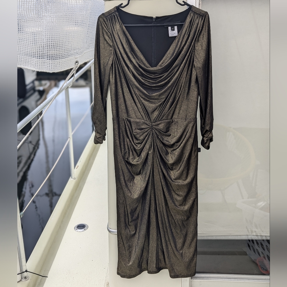 Tadashi Shoji | Gold Bronze Ruched Dress Medium Long Sleeves Stretchy Drape